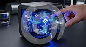 Futuristic Digital Data Storage Device with Touchscreen Interface in Modern Technology Environment