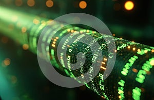 Futuristic digital data stream with binary code. Glowing green tech fiber cable. Technology, innovation concepts. Information