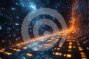 Futuristic Digital Data Stream in a Cybernetic Tunnel with Glowing Binary Code Generative AI