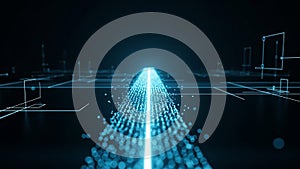 Futuristic digital data stream flowing through abstract network grid artificial intelligence