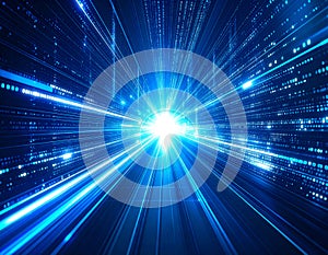Futuristic Digital Data Stream with Glowing Blue Light Streaks and Binary Code Tunnel