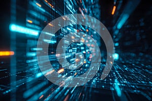 Futuristic digital data stream with glowing blue and orange elements