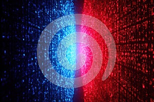 Futuristic Digital Data Stream in Red and Blue Light Burst Background.