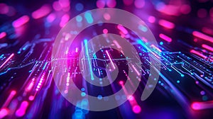Futuristic digital data stream with vibrant pink and blue neon lights
