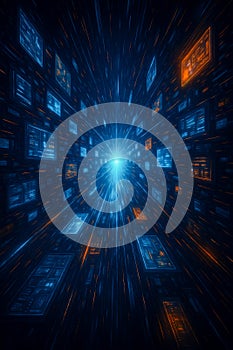 Futuristic digital data transfer with glowing blue and orange interface visuals