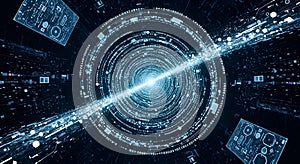 Futuristic Digital Data Tunnel Binary Code, Circuit Board, and Abstract Technology Concepts