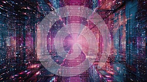 Futuristic digital data tunnel connecting a virtual metaverse world