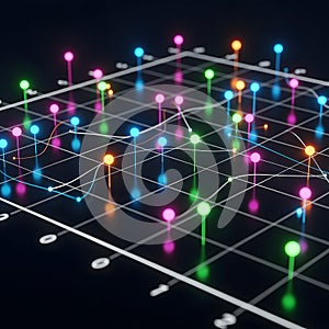 Futuristic Digital Data Visualization: Abstract Network of Glowing Spheres and Interconnected Lines on a 3D Grid for Technology