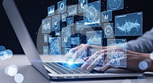 Futuristic digital data visualization on computer screen with hands typing