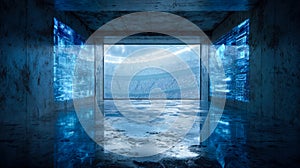 Futuristic digital data visualization display in a high-tech room