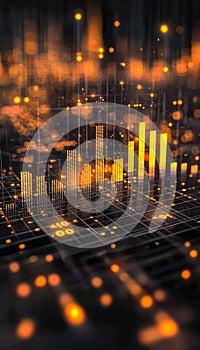 Futuristic digital data visualization with glowing bar graphs and lights