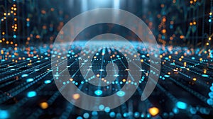 Futuristic digital data visualization with glowing blue and orange lights