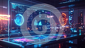 Futuristic Digital Data Visualization Interface with Cityscape Background