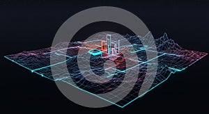 Futuristic Digital Data Visualization with Neon Grid and 3d Graph Elements