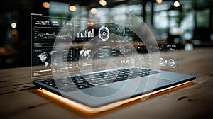 Futuristic Digital Data Visualization Overlaying a Laptop Screen