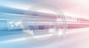 Abstract digital data visualization with global map and charts in fast light