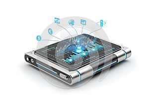 Futuristic digital device displaying glowing blue data streams and binary code