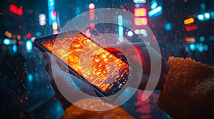 Futuristic Digital Device in Rain Generative AI