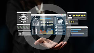 Futuristic digital display of data analytics and artificial intelligence insights with user interface elements in an