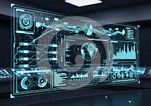 Futuristic digital display featuring various data visualizations,