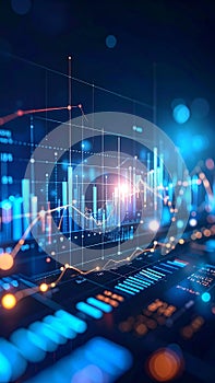 Futuristic digital display with glowing financial charts and data analysis interface