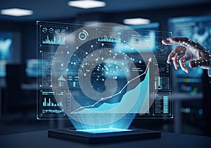 Futuristic digital display holographically projects data charts and