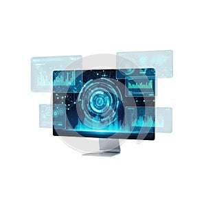 Futuristic digital display interface with glowing blue elements isolated on white background