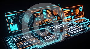 Futuristic digital display interface with glowing neon accents and complex data visualization