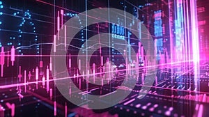 Abstract Digital Data Display with Neon Lights and Chart Patterns