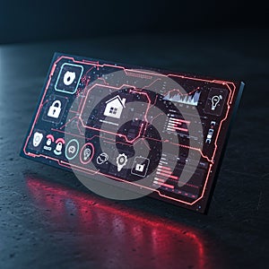 A futuristic digital display panel is shown with a smart home dashboard interface. Th