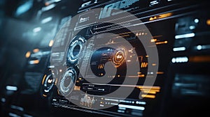 Futuristic digital display showing data analysis and technology