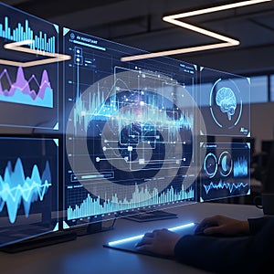 Futuristic digital display shows complex data visualizations and network connections