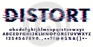 Futuristic digital distortion stylized alphabet, glitch font with lowercase and uppercase letter, numbers and symbols, 3d stereo