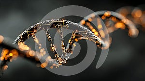 Futuristic Digital DNA Helix with Circuitry and Glowing Orange Lights