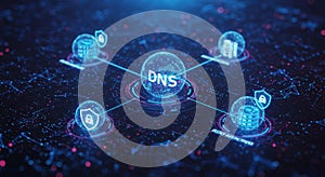 Futuristic digital dns network concept with cybersecurity, technology, and data visualization