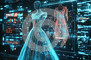 Futuristic digital dress design displayed on holographic interface