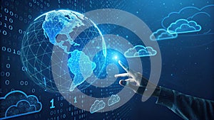 Futuristic digital earth interface with glowing clouds and human touch