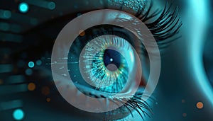 Futuristic digital eye with data analytics AI technology. Digital eye represents machine vision, information processing, binary