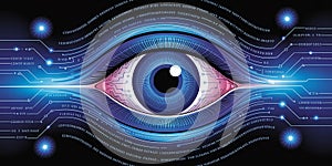 Futuristic digital eye with glowing circuits and binary code technology data
