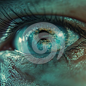 Futuristic digital eye reflection in close-up view