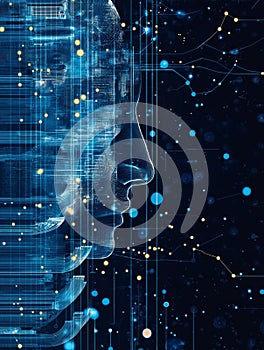 Futuristic digital face with data streams and technology patterns