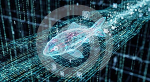 Digital Fish Swimming Through Binary Code Stream, Futuristic Data Flow and AI Concept