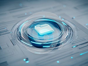 Futuristic digital folder icon glowing in the center of a high-tech circular interface representing secure data storage and file