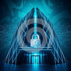 Futuristic digital fortress secured by a glowing padlock
