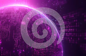 Futuristic Digital Globe with Binary Code Glowing Purple Light