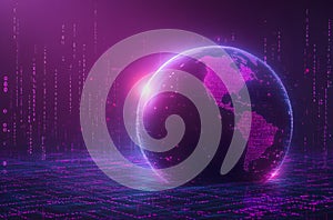 Futuristic Digital Globe with Binary Code Glowing Purple Light