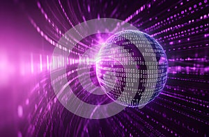 Futuristic Digital Globe with Binary Code Glowing Purple Light