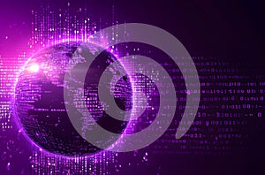 Futuristic Digital Globe with Binary Code Glowing Purple Light