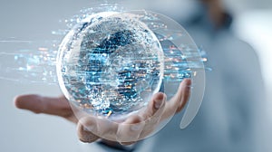 Futuristic digital globe with dynamic data streams in a human hand