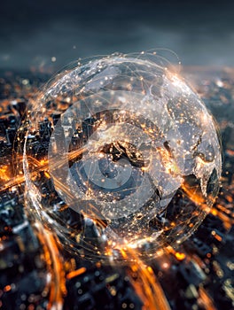 Futuristic digital globe with interconnected light lines over cityscape at night